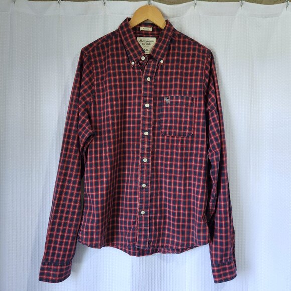 Abercrombie & Fitch Muscle button down shirt Mens size XXL Red & Blue Plaid - Picture 1 of 7